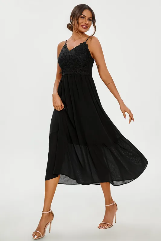 Lace Embroidery Anglaise Maxi Slip Dress In Black - FS Collection