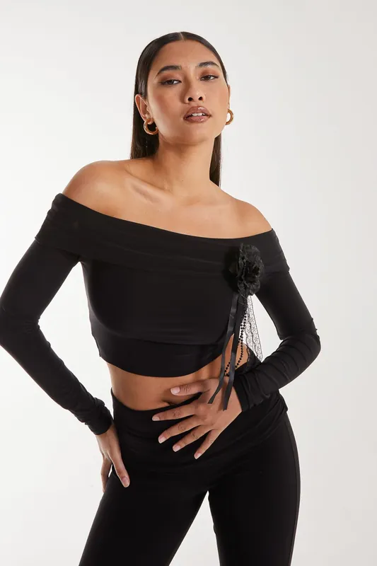 Corsage Detail Bardot Long Sleeve Top - Pink Vanilla