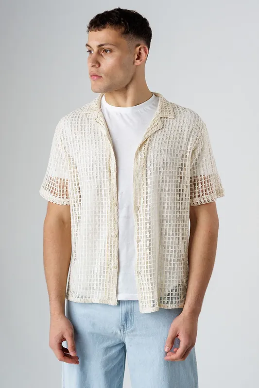 Cotton Blend Open-Knit Revere Collar Short Sleeve Button Shirt