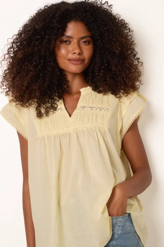 Lemon Cotton Embroidery Detail Ruffle Sleeve Top - Blue Vanilla