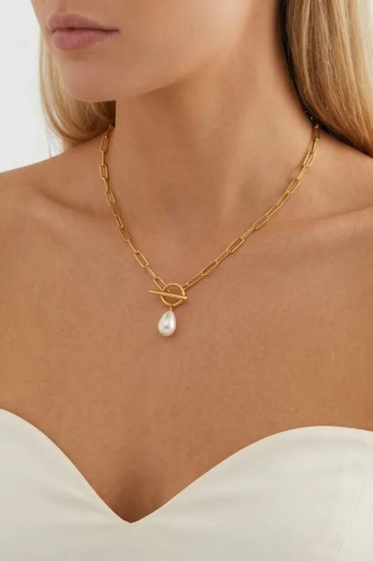 Gold Plated Pearl Tbar Necklace - Serla
