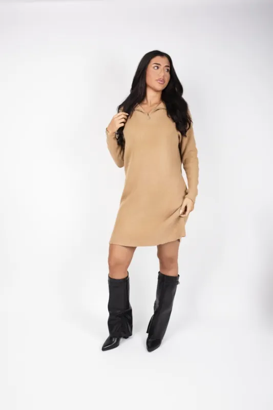 Danika Ribbed Knit Mini Dress With Zip Collar - IKRUSH
