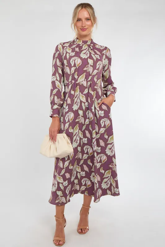 Dusky Purple Leaf Print Pleated Skirt Maxi Dress - Love Sunshine