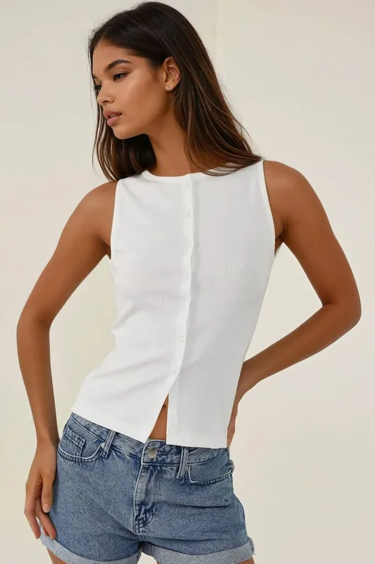 Fitted Crew Neck Knitted Top with Buttons - Hiccup