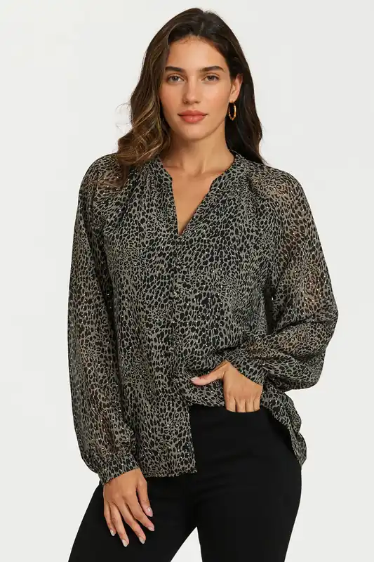 Gold Foil Leopard Print long sleeve Blouse Top In Black - FS Collection