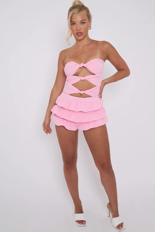 Ruffle Skirt Skort and Cut Out Knot Front Bandeau Co-ord Set