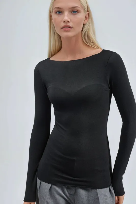 Boat Neck Long Sleeve Lightweight Blouse - Busem
