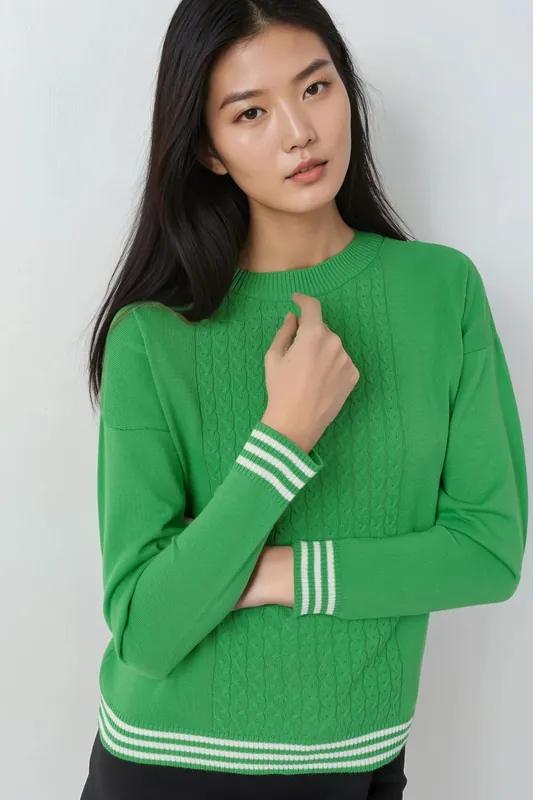 Crew Neck Sweater with Hair Braid Pattern - MyFashion