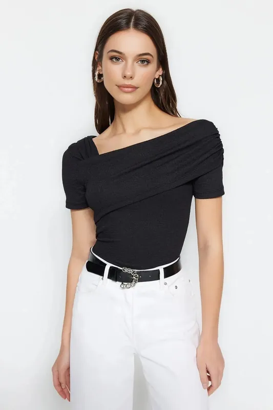 Asymmetric Ruched Short Sleeve Fitted Top - WOVCOR
