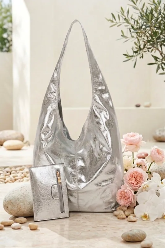Metallic Slouch Shoulder Bag & Mini Pouch - Femme Luxe
