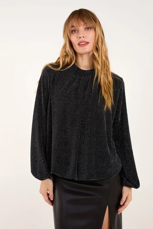 Metallic High Neck Puffball Top - Blue Vanilla