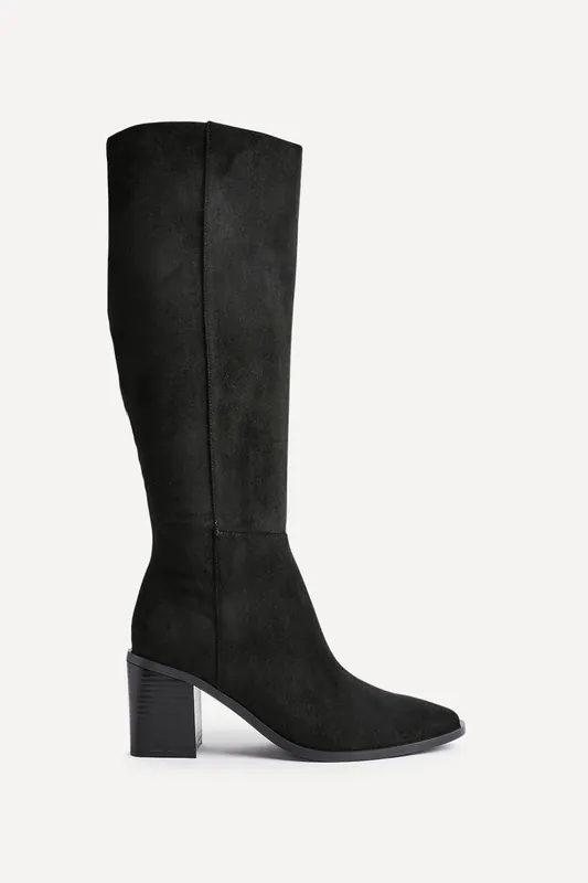 Levine Black Faux Suede Block Heeled High Leg Boot - Linzi