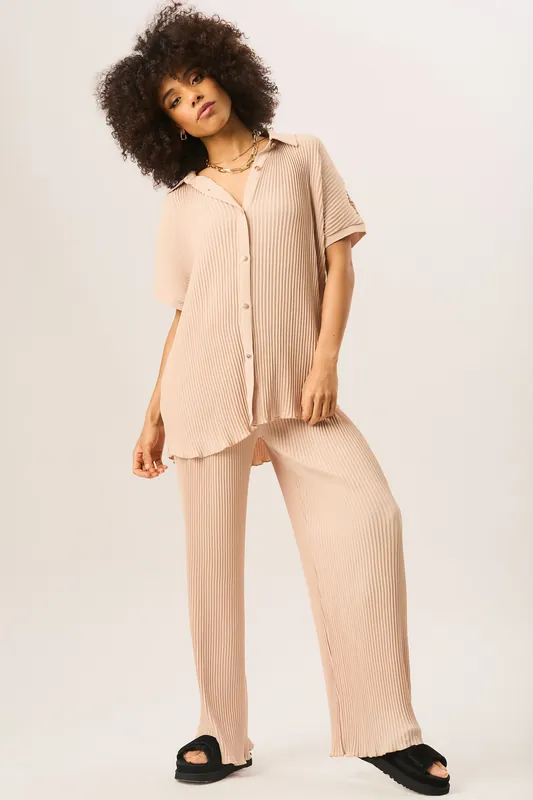 Beige Plisse Loungewear Wide Leg Trousers - Gini London