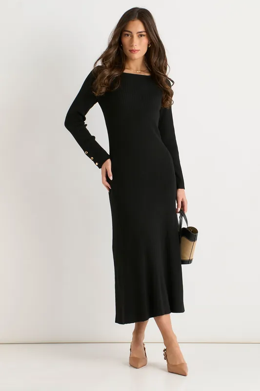 Black Slash Neck Knitted Fit And Flare Dress - Gini London