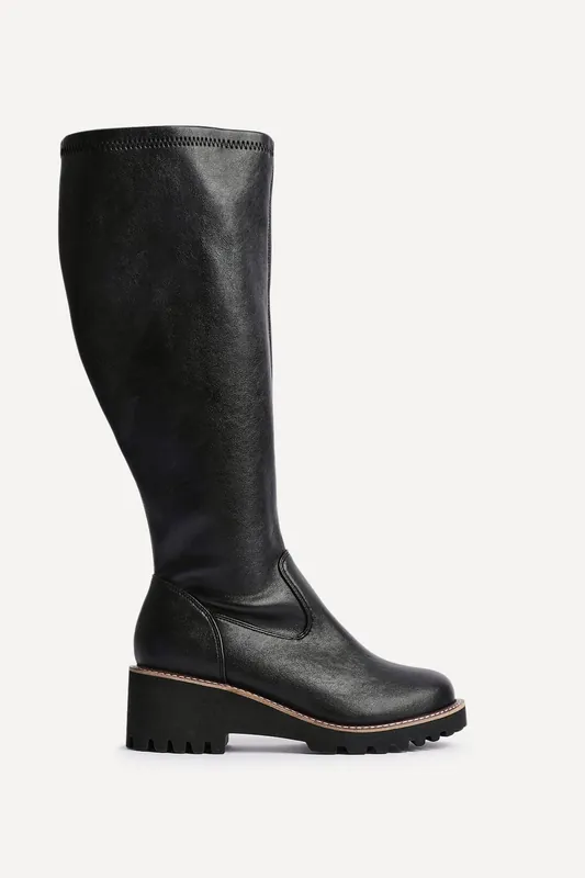 Maintain Wide Fit Black Faux Leather Stretch High Leg Wedge Boot - Linzi