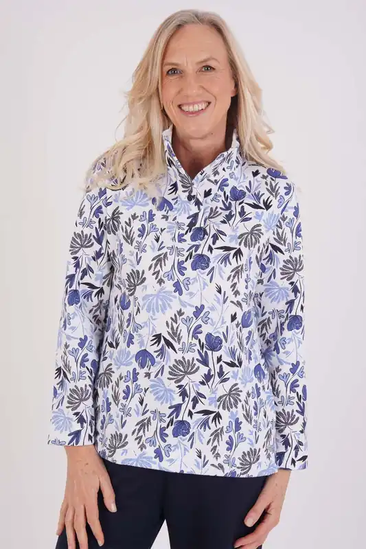 French Terry Floral Funnel Neck Top - Tigi