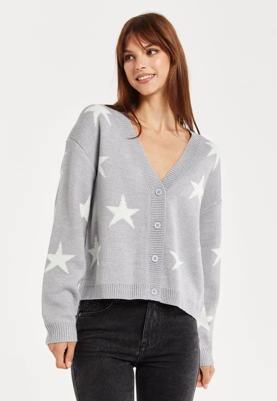 Star Pattern Cardigan In Grey & White - Liquorish