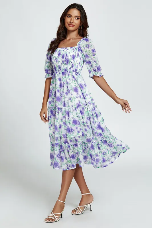 Floral Print Bardot Puff Sleeve Elasticated Detail Midi Dress In White - FS Collection