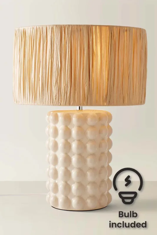 Kiran Ceramic Stone Bubble Table Lamp with Raffia Lamp Shade and LED Bulb - ValueLights