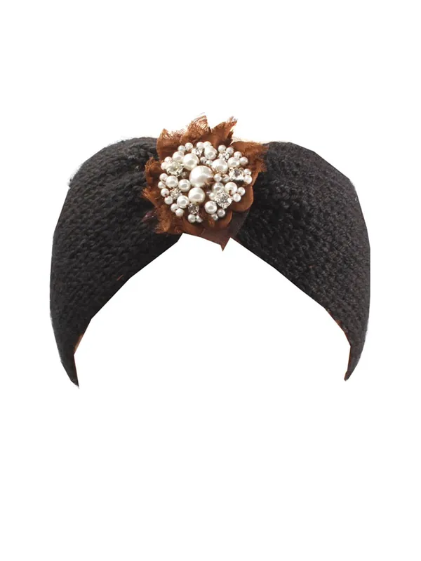 Knit Headband With Pearl & Gem Flower - SVNX