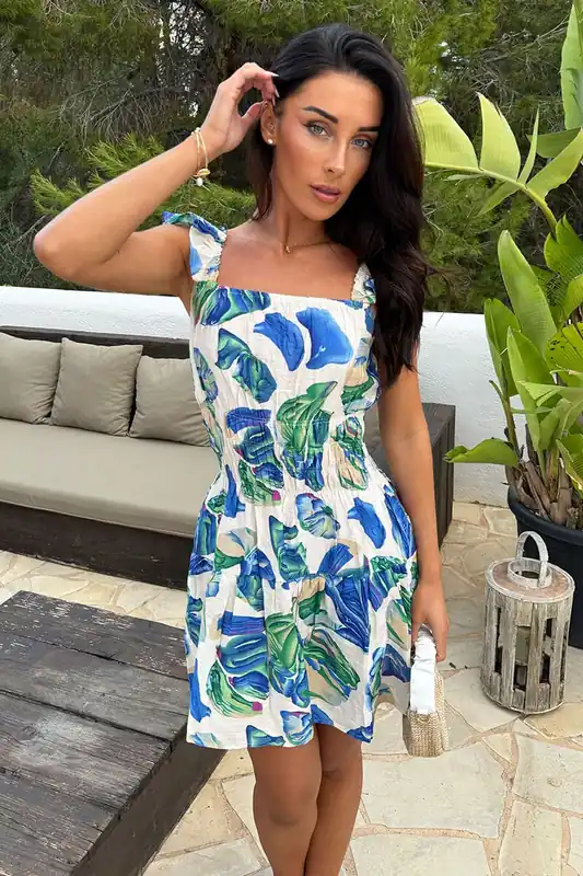 Blue Leaf Print Frill Strap Shirred Waist Mini Dress - AX Paris