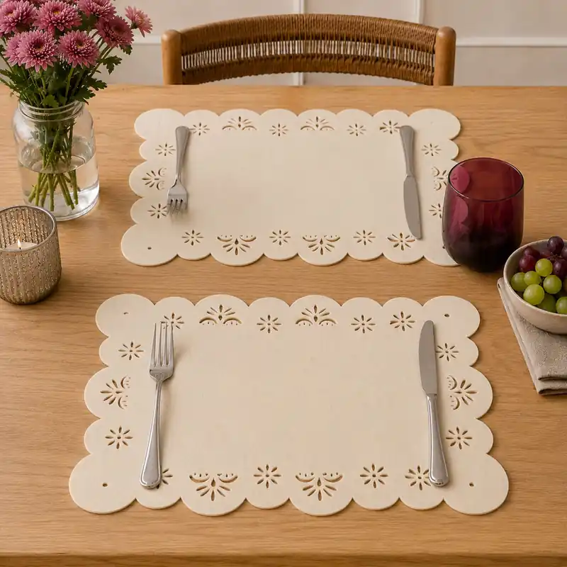 Set of Two Ivory Felt Flower Design Placemats, Durable Heat-Resistant Table Mats for Dining