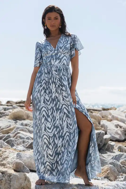 Blue Foil Metallic Print Short Sleeves Maxi Dress - Gini London