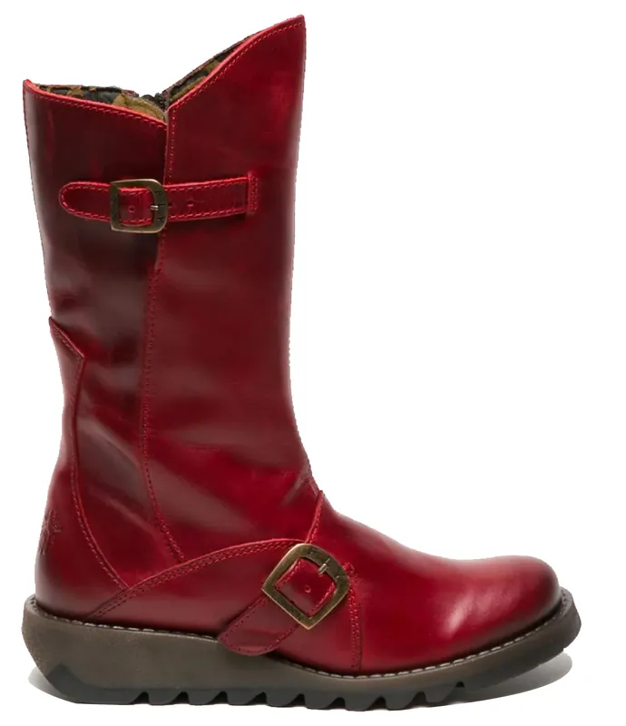 MES 2 Wedge Heel Buckle Mid-Calf Leather Zip Platform Boots