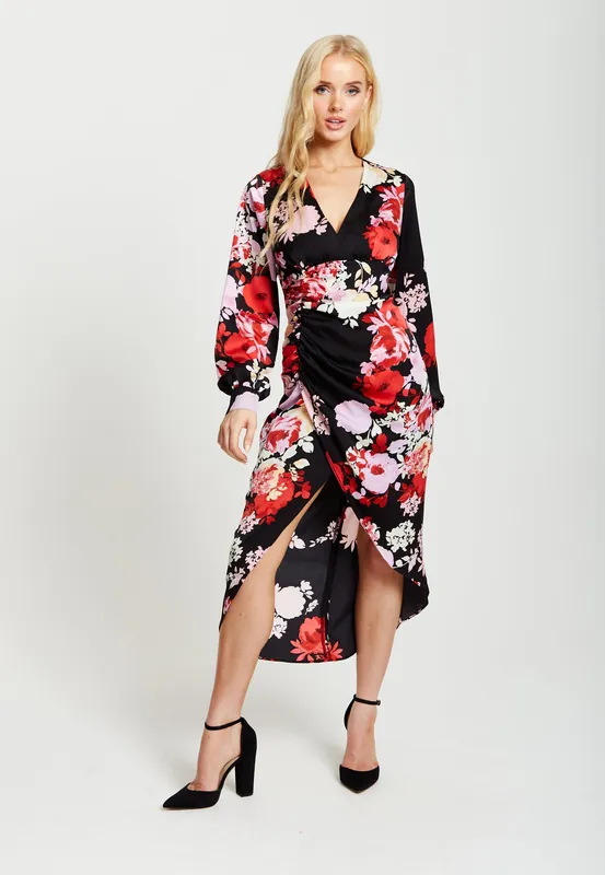 Rose Print Midi Dress In Red And Pink - Liquorish