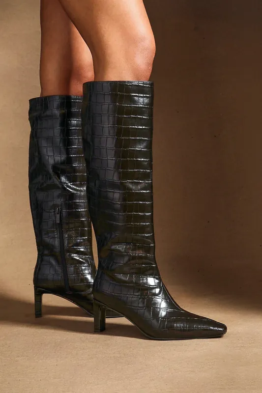Uptown Brown Faux Croc Knee High Boot - Linzi