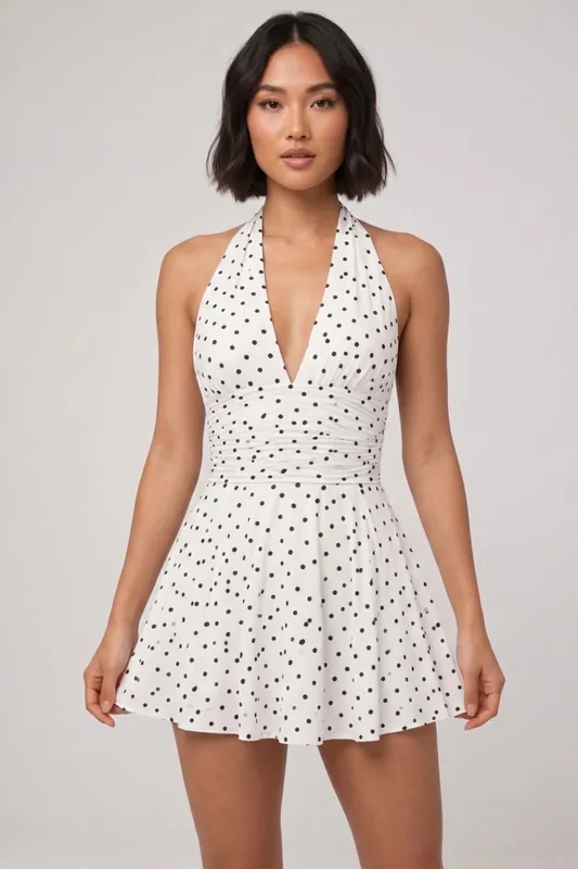 Polka Dot Halter Neck Tie Knot Open Back Mini Dress - STYLEWISE