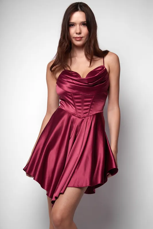 Kitty Burgundy Corset Mini Cowl Dress - Jaded Rose