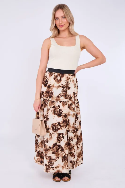 Brown Roses Print Tiered Maxi Skirt - Love Sunshine