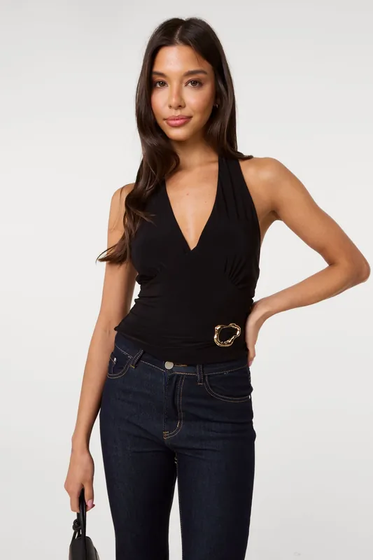 Black Slinky Gold Buckle Halter Neck Top - Pink Vanilla