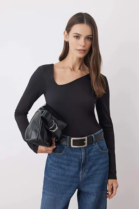 Asymmetric Neck Long Sleeve Knit Bodysuit - WOVCOR