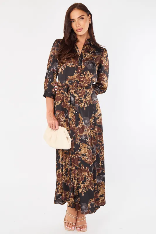 Brown and Black Abstract Floral Print Satin Maxi Shirt Dress - Love Sunshine