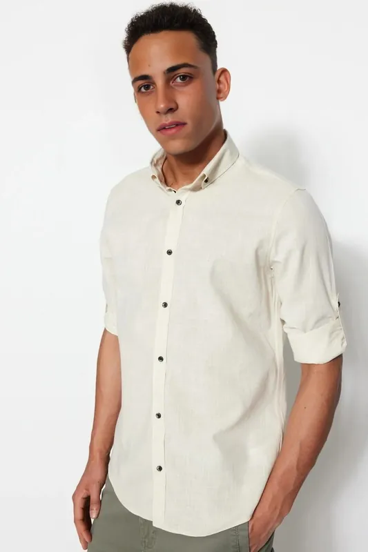 Men’s Slim Fit Linen-Look Cotton Roll Sleeve Shirt