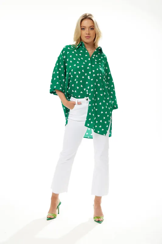 White Heart Print Shirt in Green - Liquorish