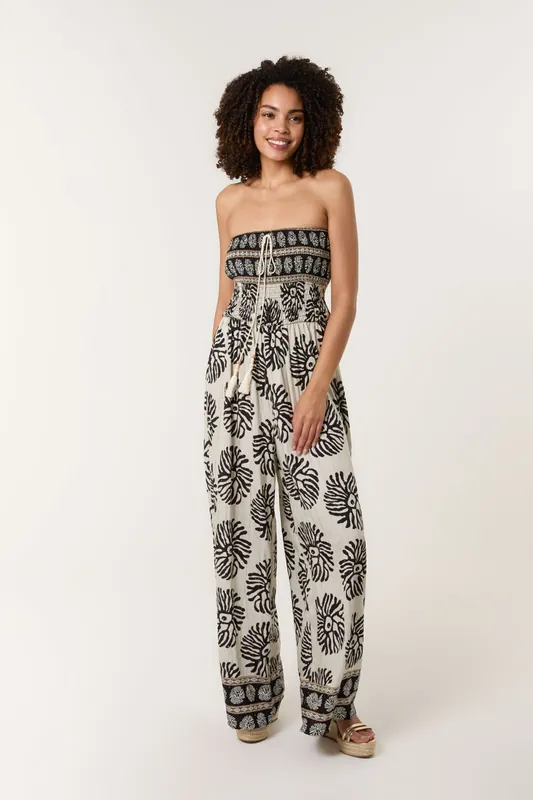 Black Strapless Elasticated Printed Jumpsuit - Blue Vanilla