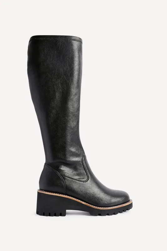 Resist Black Faux Leather Stretch Wedge High Leg Boot - Linzi