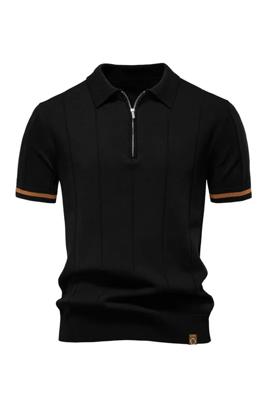 Turn-Down Short-Sleeve Polo Shirt with Partial Zip Placket