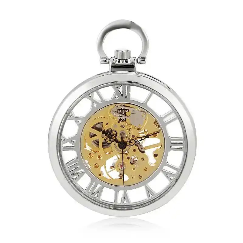 Mechanical Skeleton Open Face Silver Pocket Watch With Chain - TruClothing