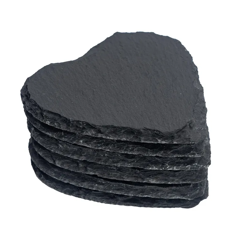 Heart Slate Coasters - 10cm - 6x Natural Black Stone Home Kitchen Drink Coffee Cup Glass Holder Table Mat Placemats