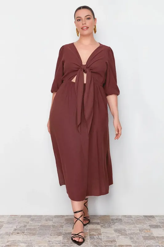 V Neck Cut Out Tie Detail Midi Dress - WOVCOR