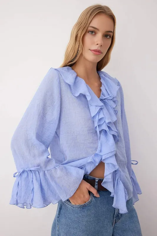 Ruffle Front Long Sleeve Boho Style Woven Blouse - WOVCOR