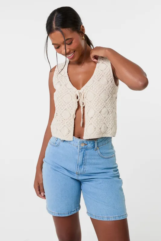Stone Crochet Tie Front Waistcoat - Pink Vanilla