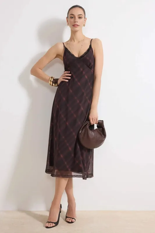 Plaid V Neck Strappy Midi Tulle Dress with Sheer Overlay - WOVCOR