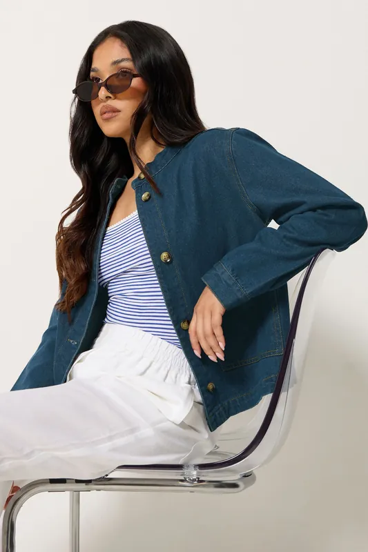 Petite Collarless Denim Jacket - PixieGirl