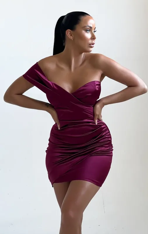 Wine Satin Ruched One Shoulder Sweetheart Neckline Bodycon Mini Dress - Femme Luxe