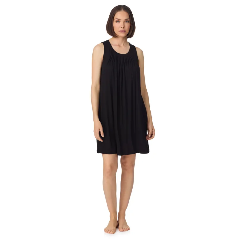 Sleeveless crew neck midi sleep tank chemise with pleats in black - DKNY